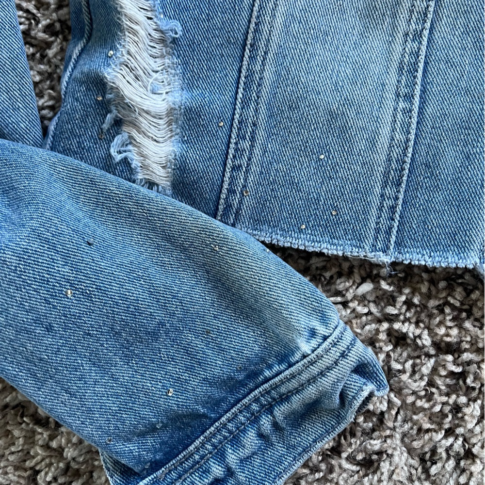 Buffalo David Bitton Distressed Cropped Denim Jacket Rhinestone Blue XS - Picture 7 of 8